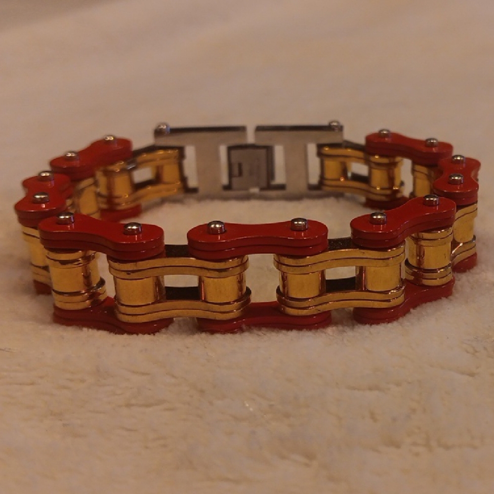 Men's 316L Stainless Steel Chain Link Bracelet In Red And Gold 3/4" Wide